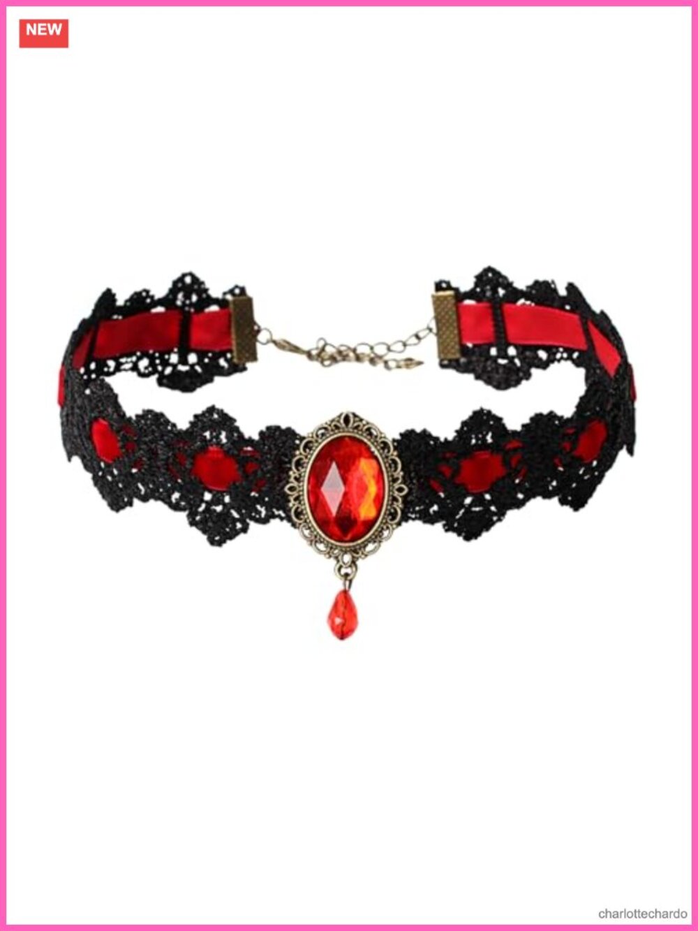 Vampire Queen La Choker Necklace Black Lace Red Gemstone Goth Adjustable